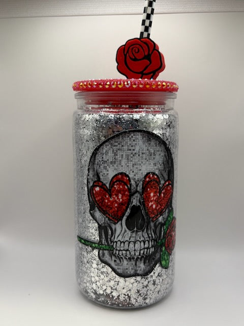 Pre-made Design - 16oz Acrylic Dry Glitter(Skull w/ Rose Topper)