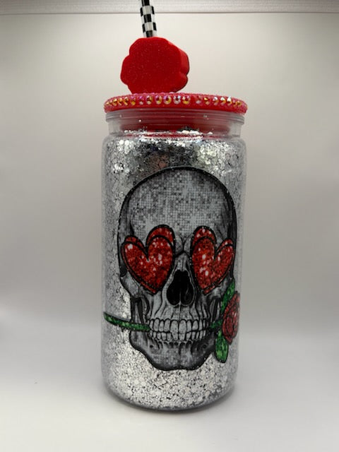 Pre-made Design - 16oz Acrylic Dry Glitter(Skull w/ Rose Topper)