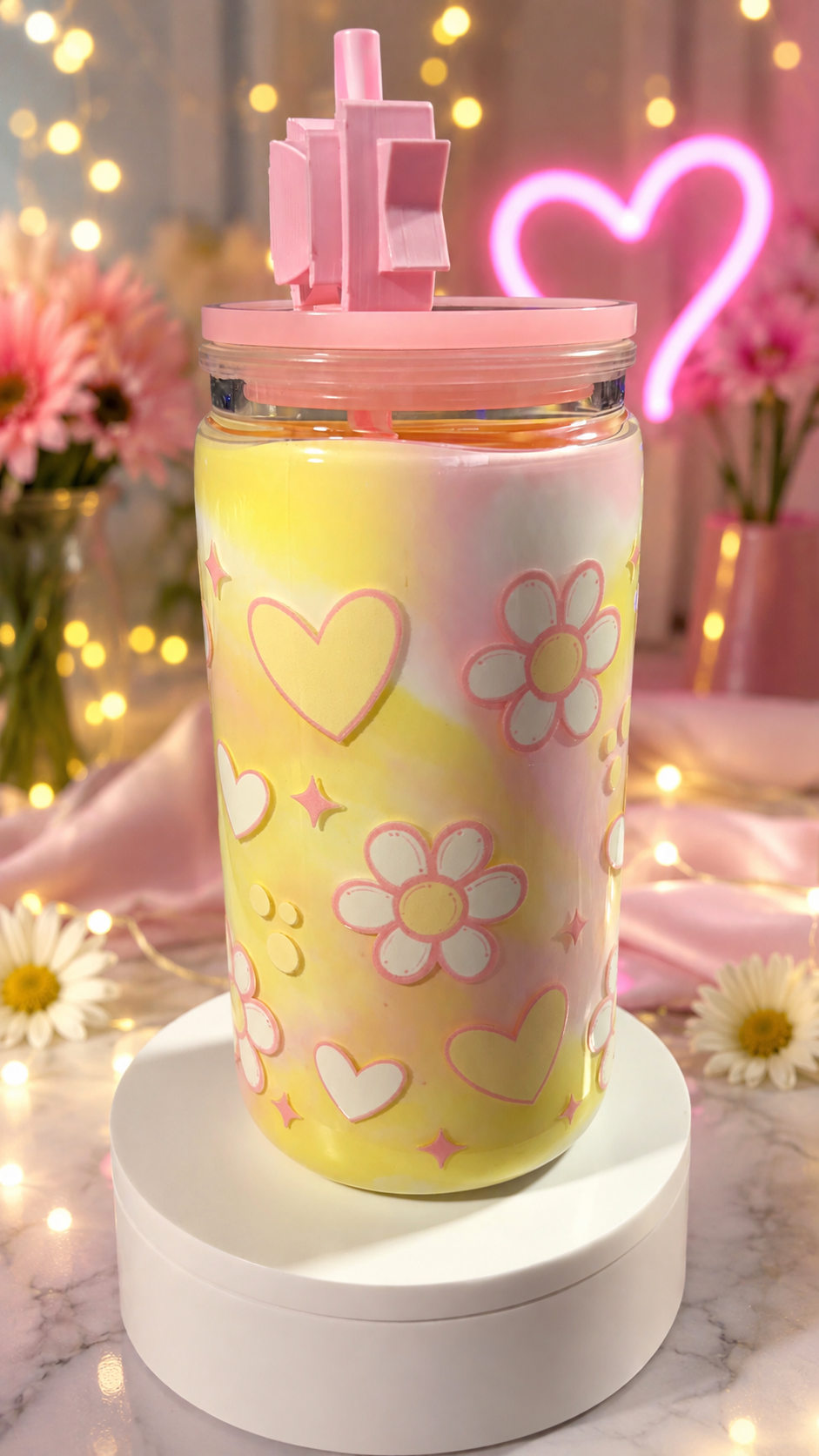 Pre-Made 16oz Paint Cup - Flowers/Hearts