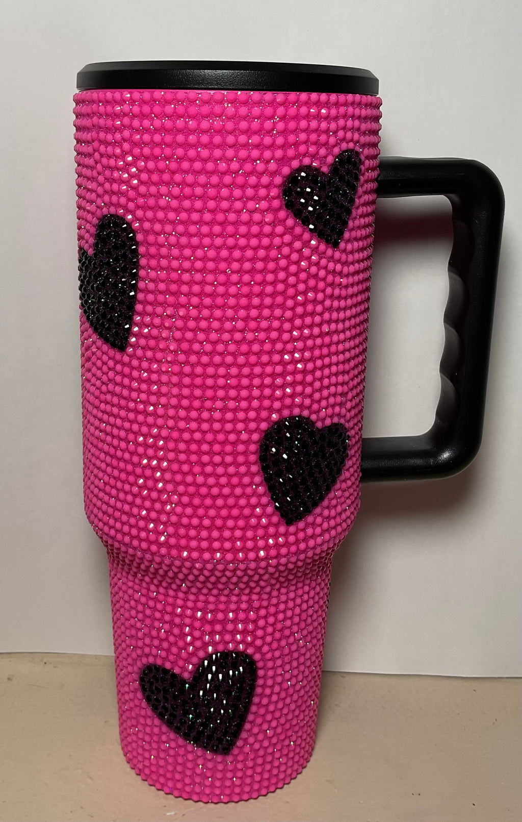 40oz Stainless Rhinestone - Pink with Black Hearts