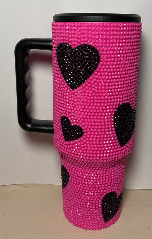 40oz Stainless Rhinestone - Pink with Black Hearts