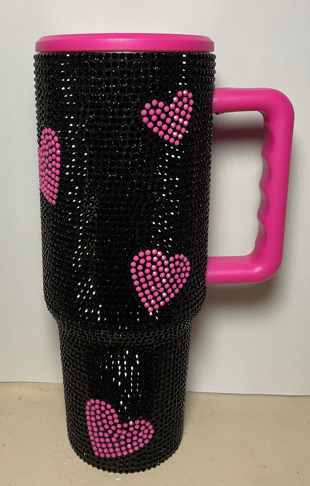 40oz Stainless Rhinestone - Black with Pink Hearts
