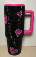 40oz Stainless Rhinestone - Black with Pink Hearts