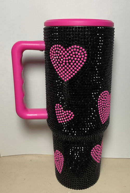 40oz Stainless Rhinestone - Black with Pink Hearts