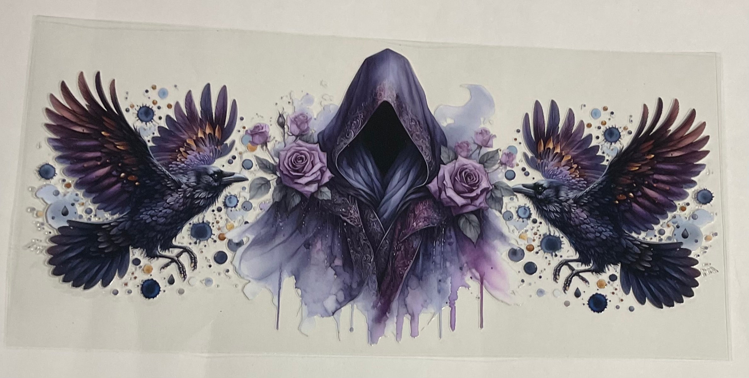 Hooded character with crows