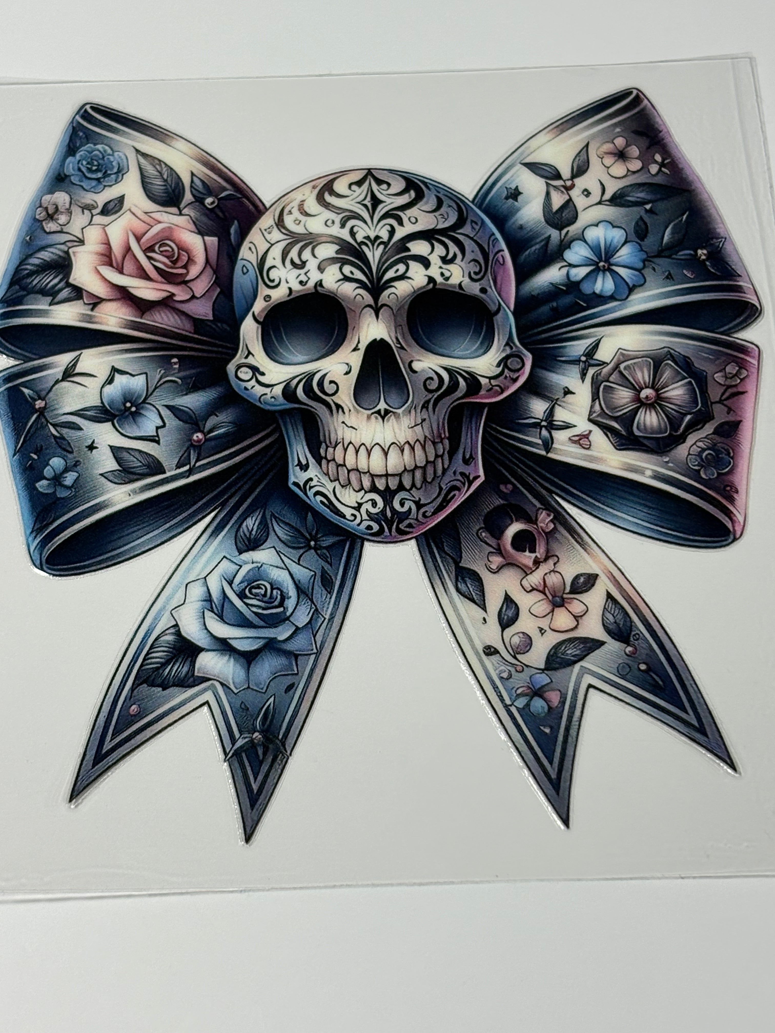 Pink, blue Bow with Skulls