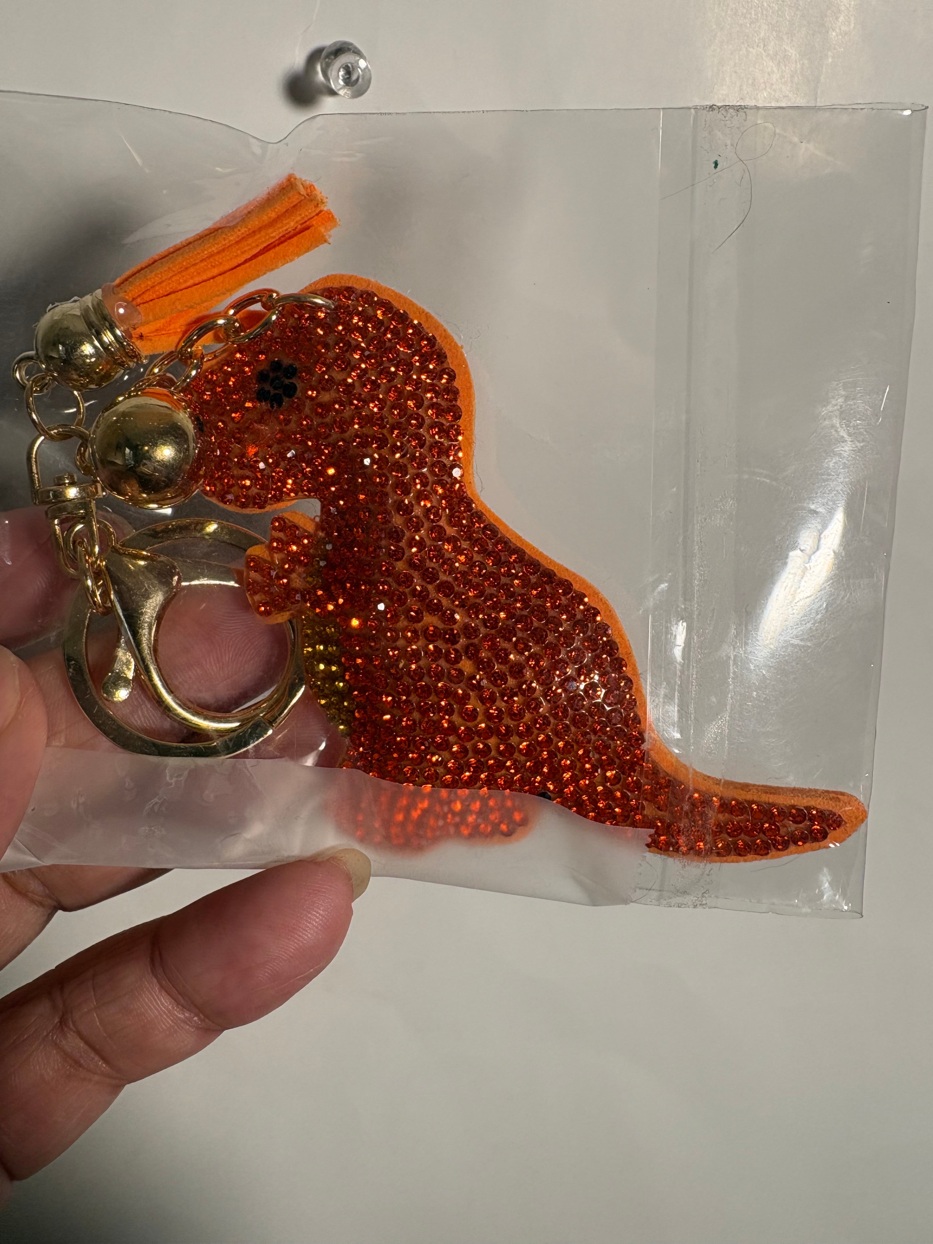Rhinestone Keychain - Orange Dinosaur
