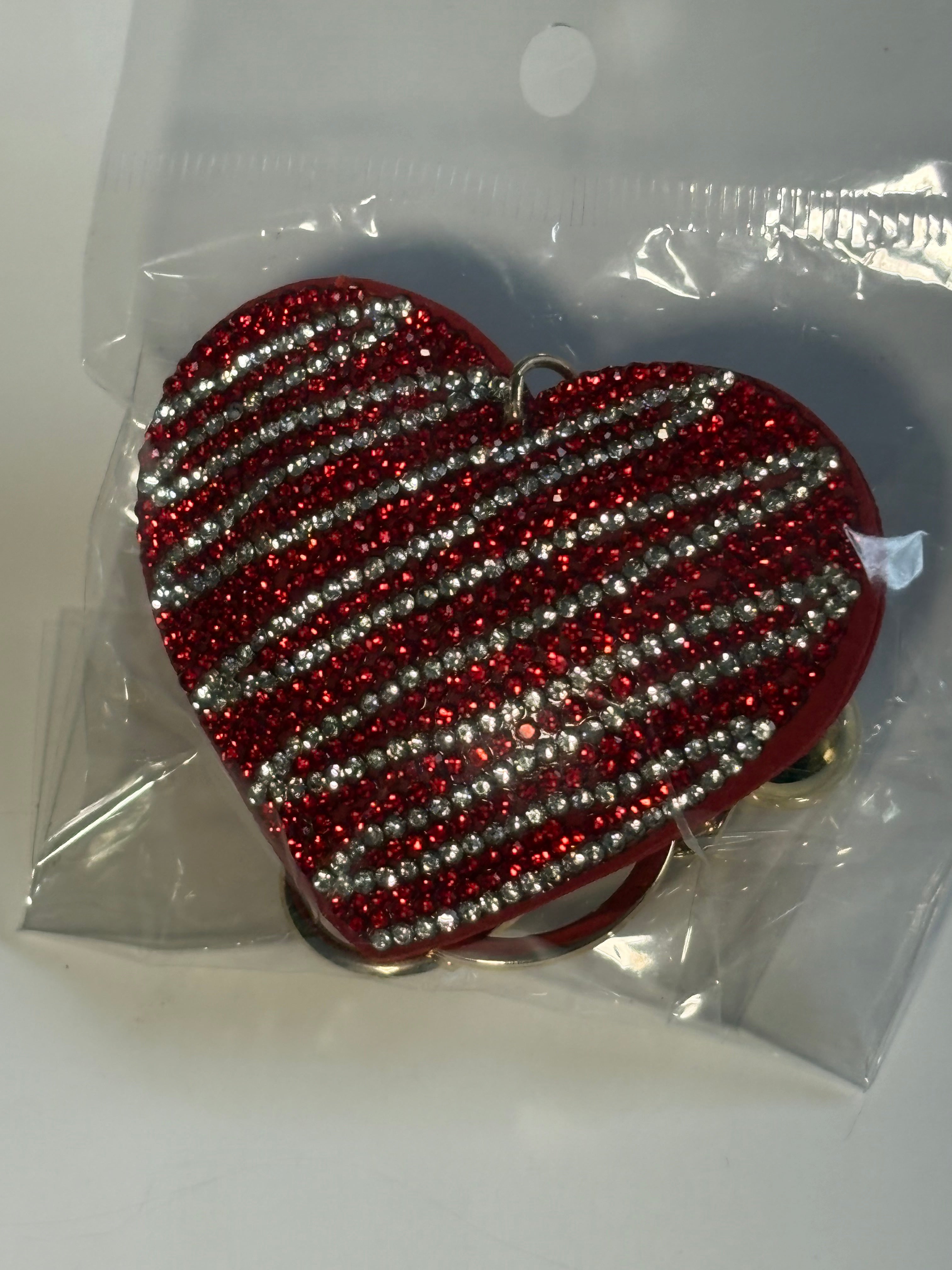 Rhinestone Keychain - Red Heart white stripes